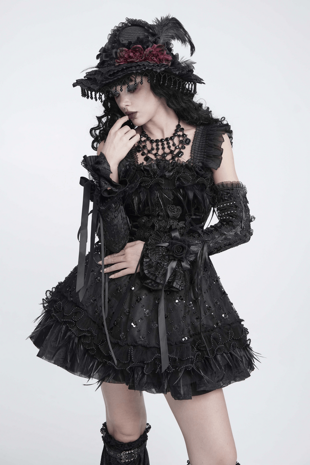 Gothic Lace Arm Warmers with Roses and Ribbons