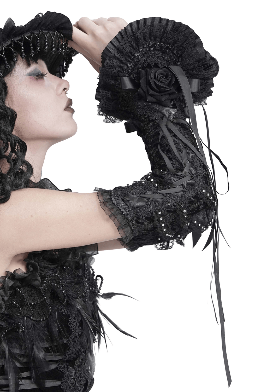 Gothic Lace Arm Warmers with Roses and Ribbons