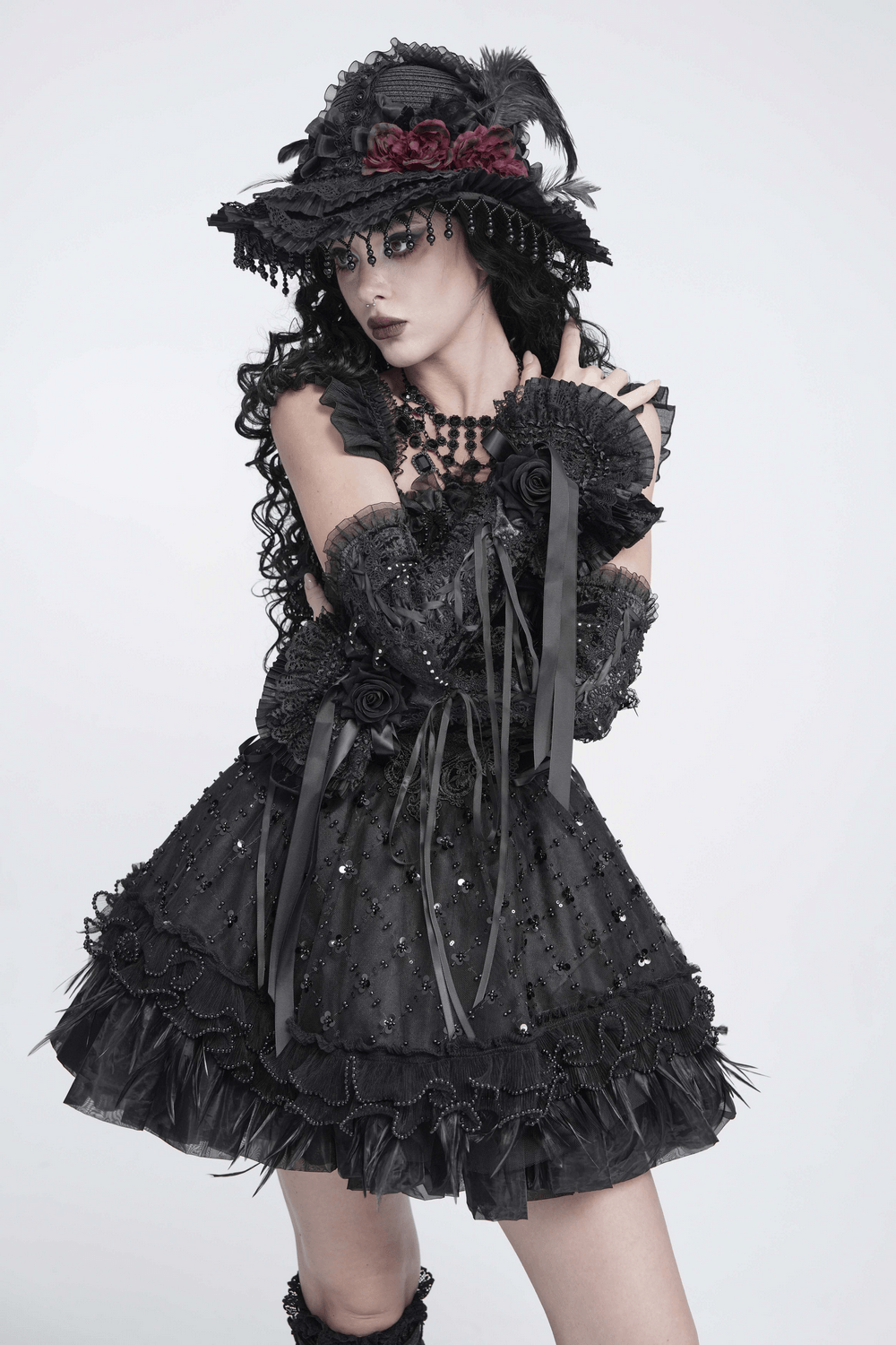 Gothic Lace Arm Warmers with Roses and Ribbons