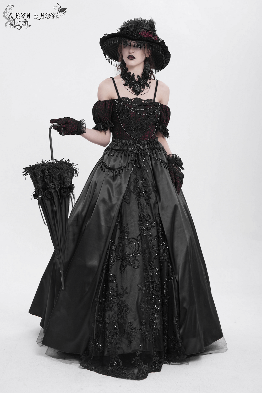 Gothic Lace-Back Maxi Dress with Chain Detail and Lacing