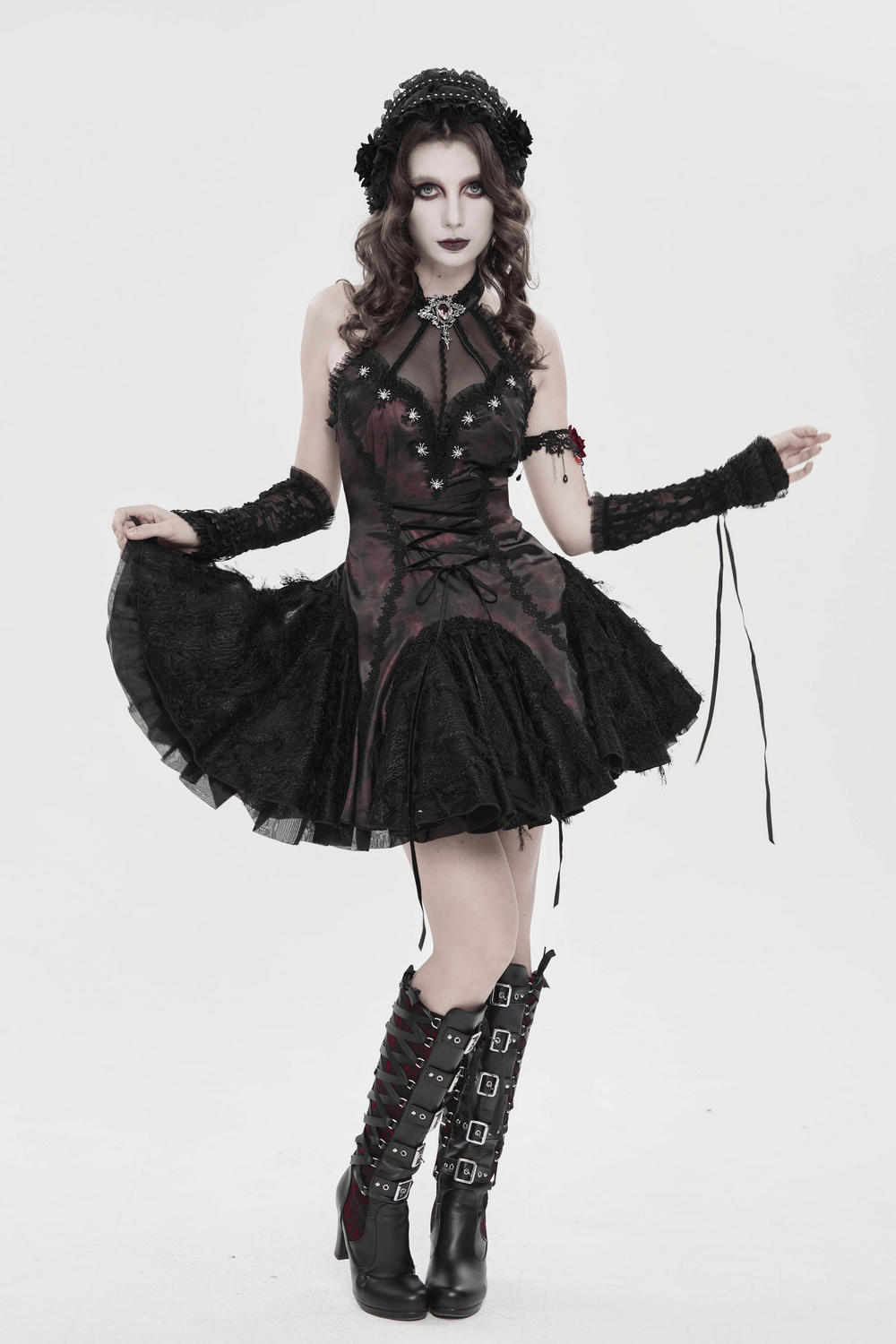 Gothic Lace Bonnet Headpiece with Rose Details