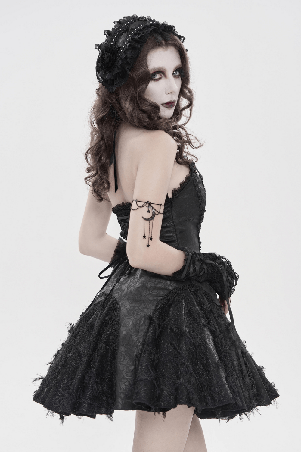Gothic Lace Bonnet Headpiece with Rose Details