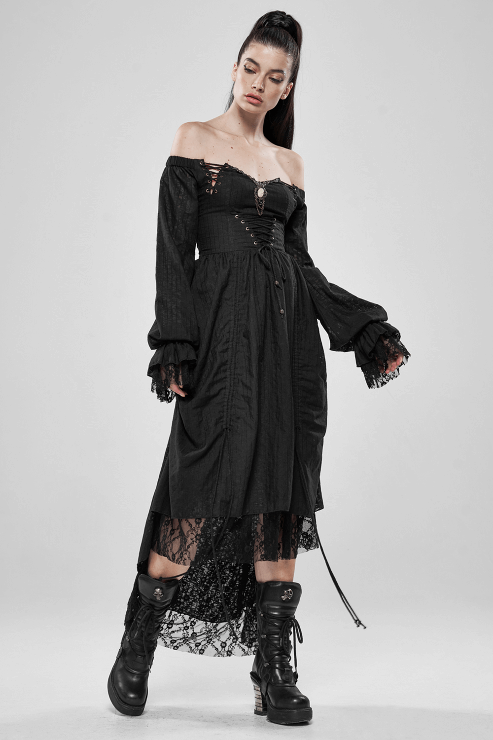 Gothic Lace Dress with Off-Shoulder and Lantern Sleeves