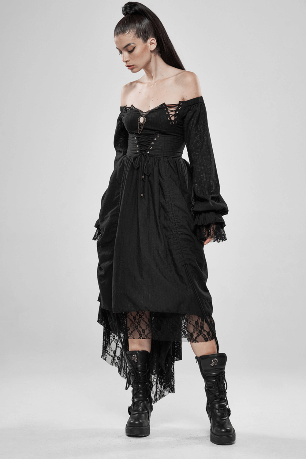 Gothic Lace Dress with Off-Shoulder and Lantern Sleeves