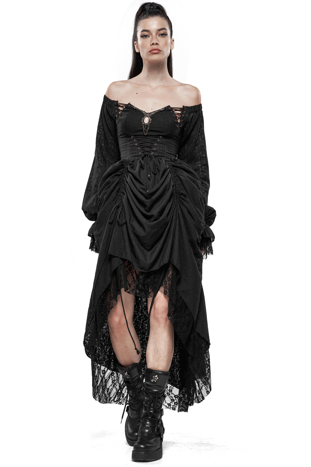 Gothic Lace Dress with Off-Shoulder and Lantern Sleeves