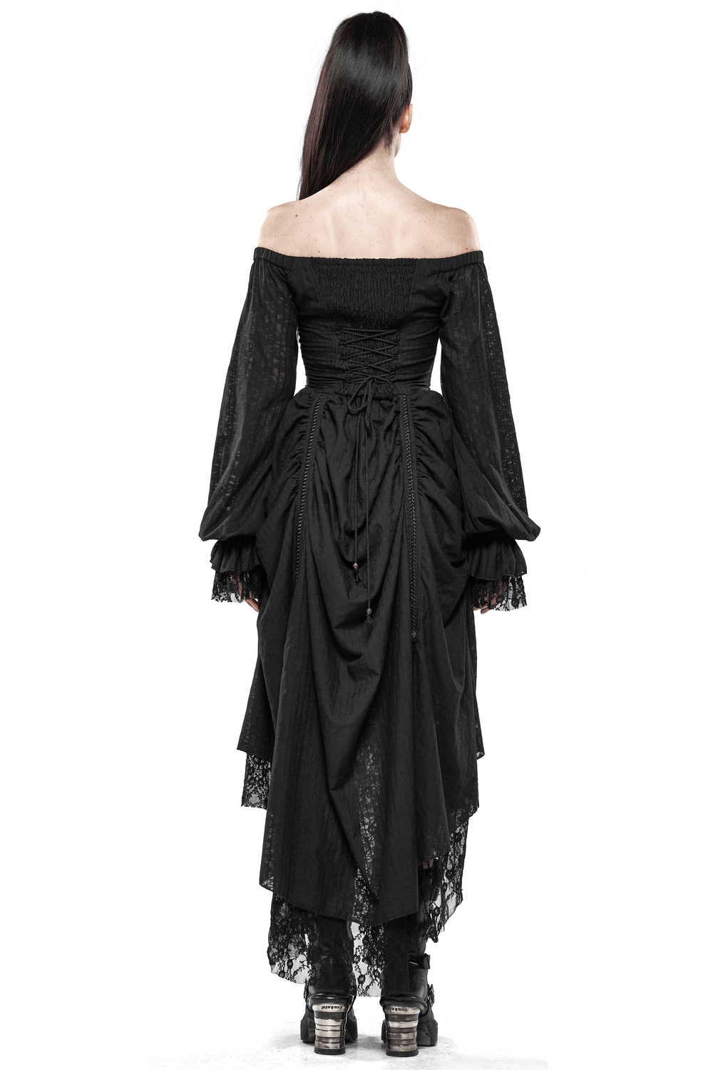 Gothic Lace Dress with Off-Shoulder and Lantern Sleeves