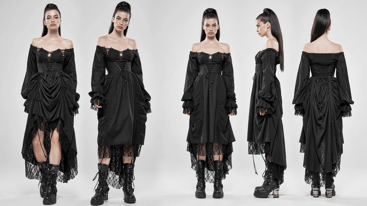 Gothic Lace Dress with Off-Shoulder and Lantern Sleeves
