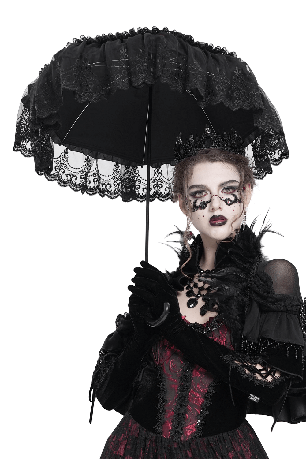Gothic Lace Fringe Umbrella with Roses and Satin Detail