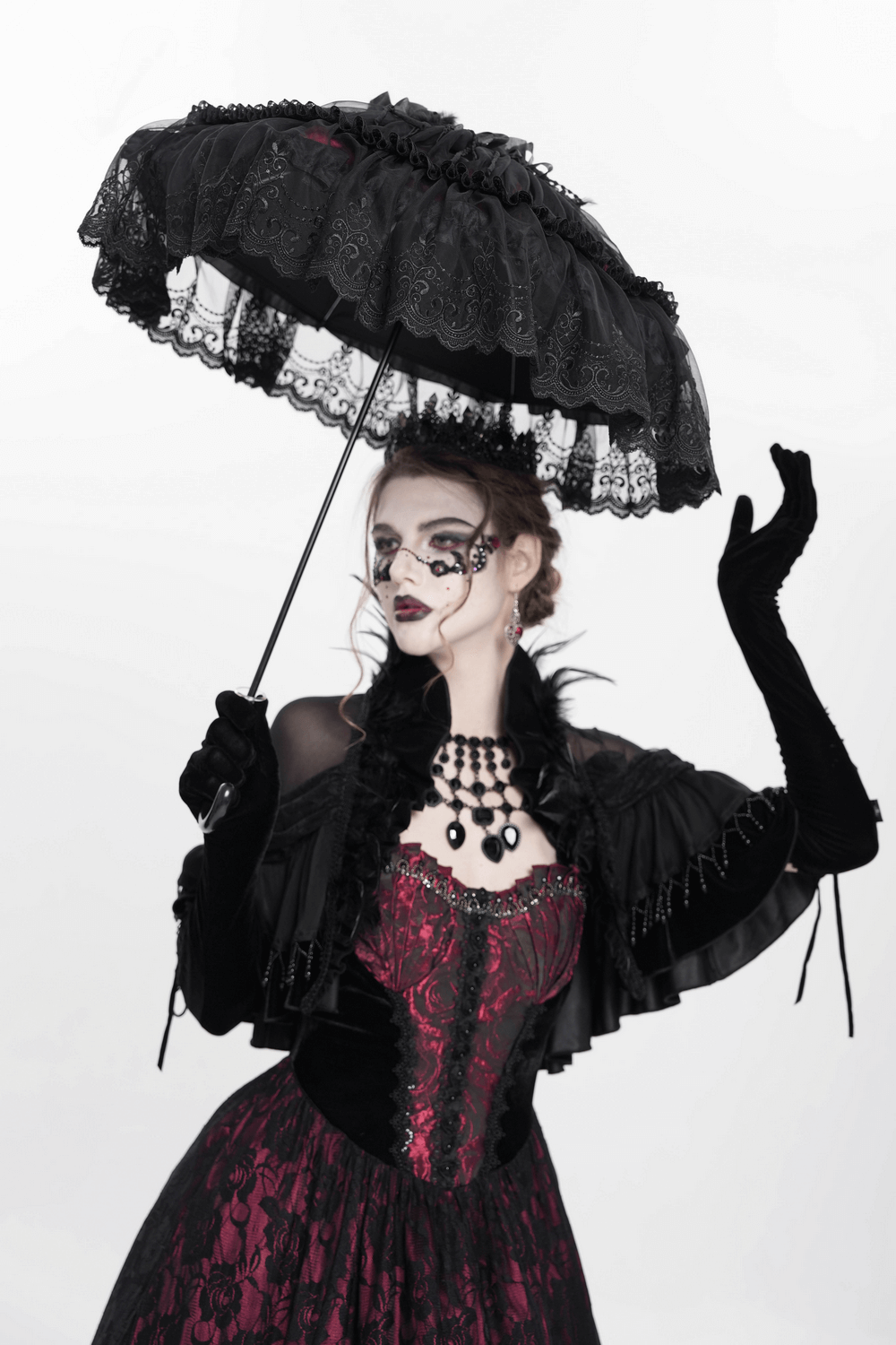 Gothic Lace Fringe Umbrella with Roses and Satin Detail