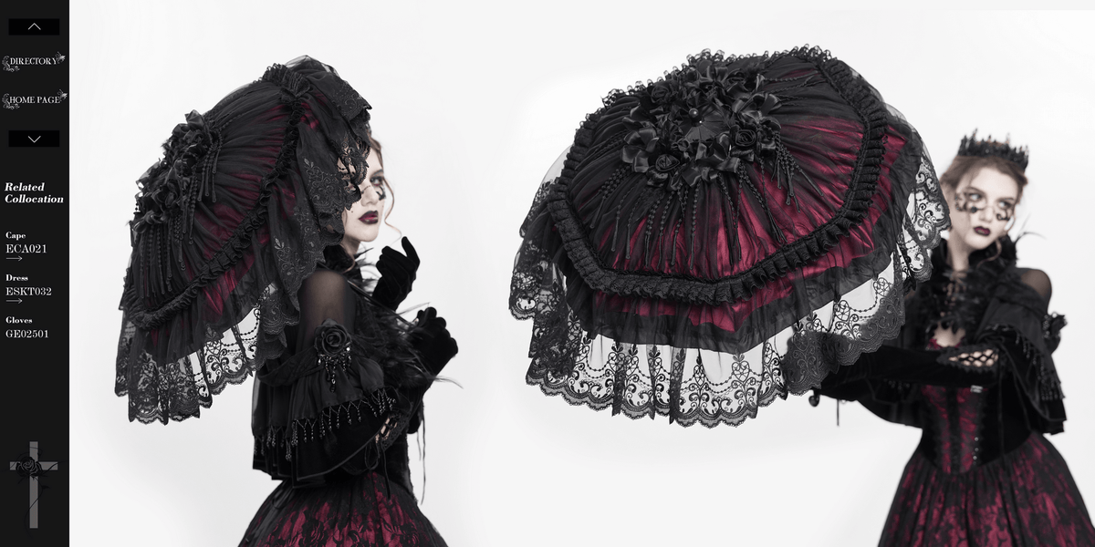 Gothic Lace Fringe Umbrella with Roses and Satin Detail