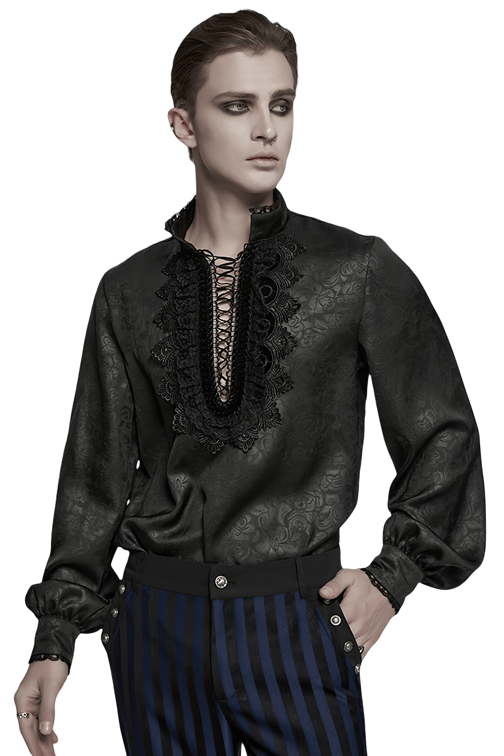 Gothic Lace Front Drawstring Shirt with Stand-up Collar