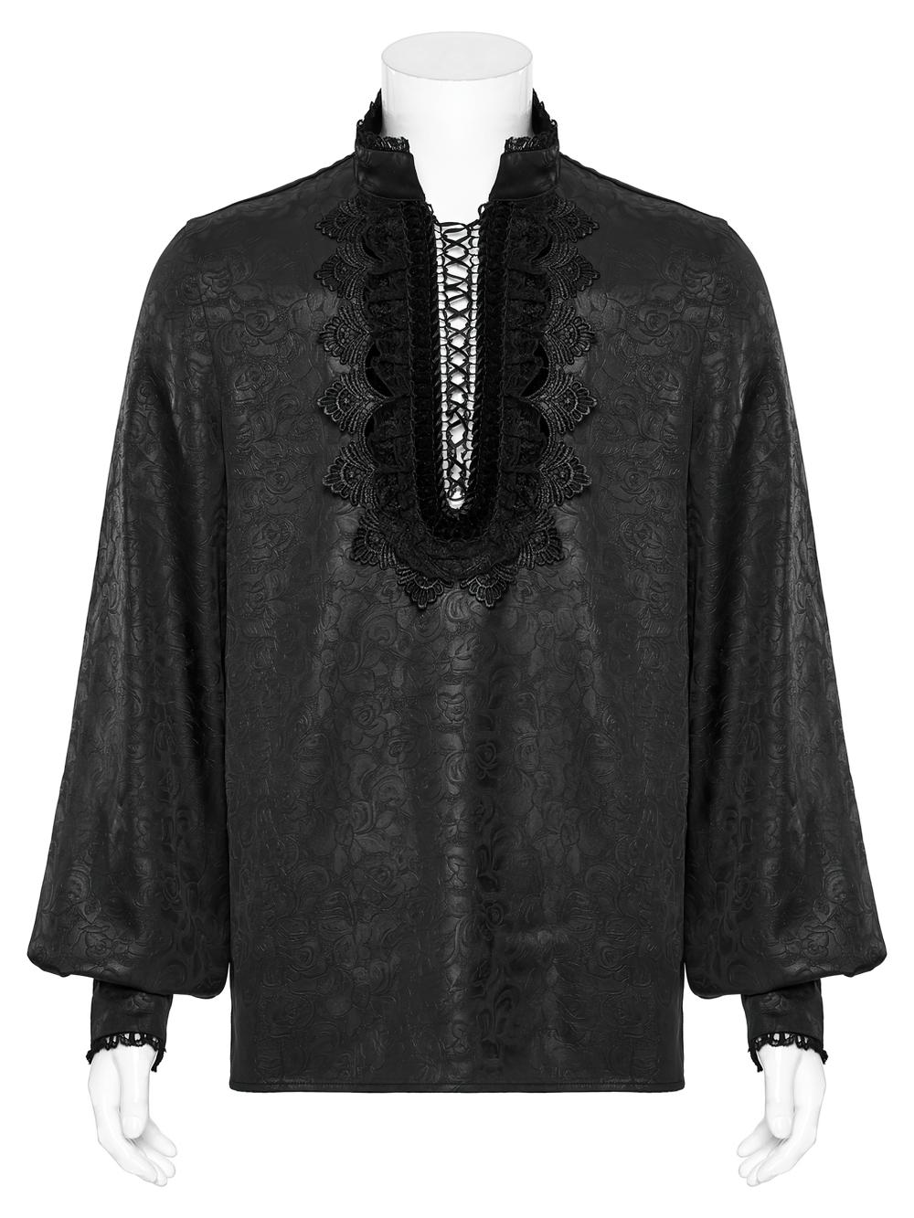 Gothic Lace Front Drawstring Shirt with Stand-up Collar