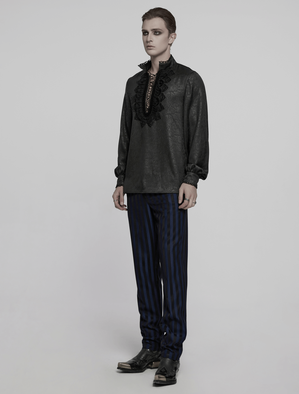 Gothic Lace Front Drawstring Shirt with Stand-up Collar