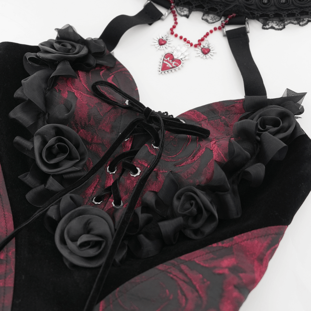 Gothic Lace Halter Top with Roses and Chains for Women