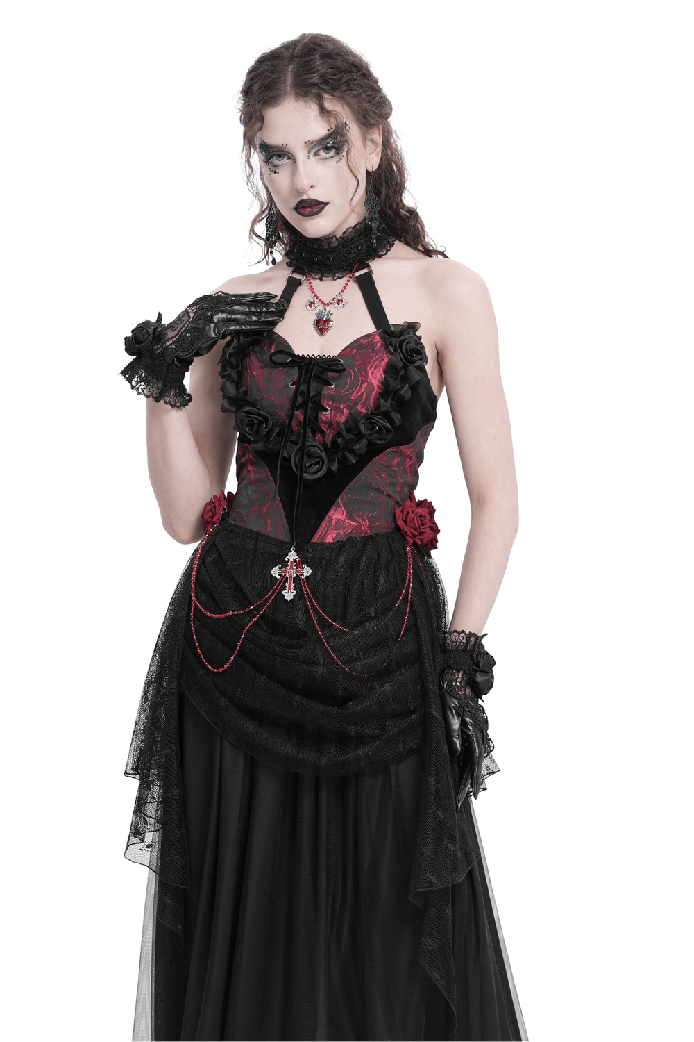 Gothic Lace Halter Top with Roses and Chains for Women