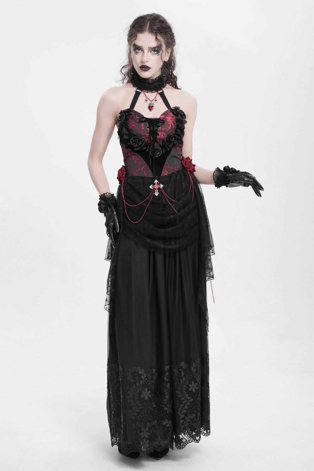 Gothic Lace Halter Top with Roses and Chains for Women