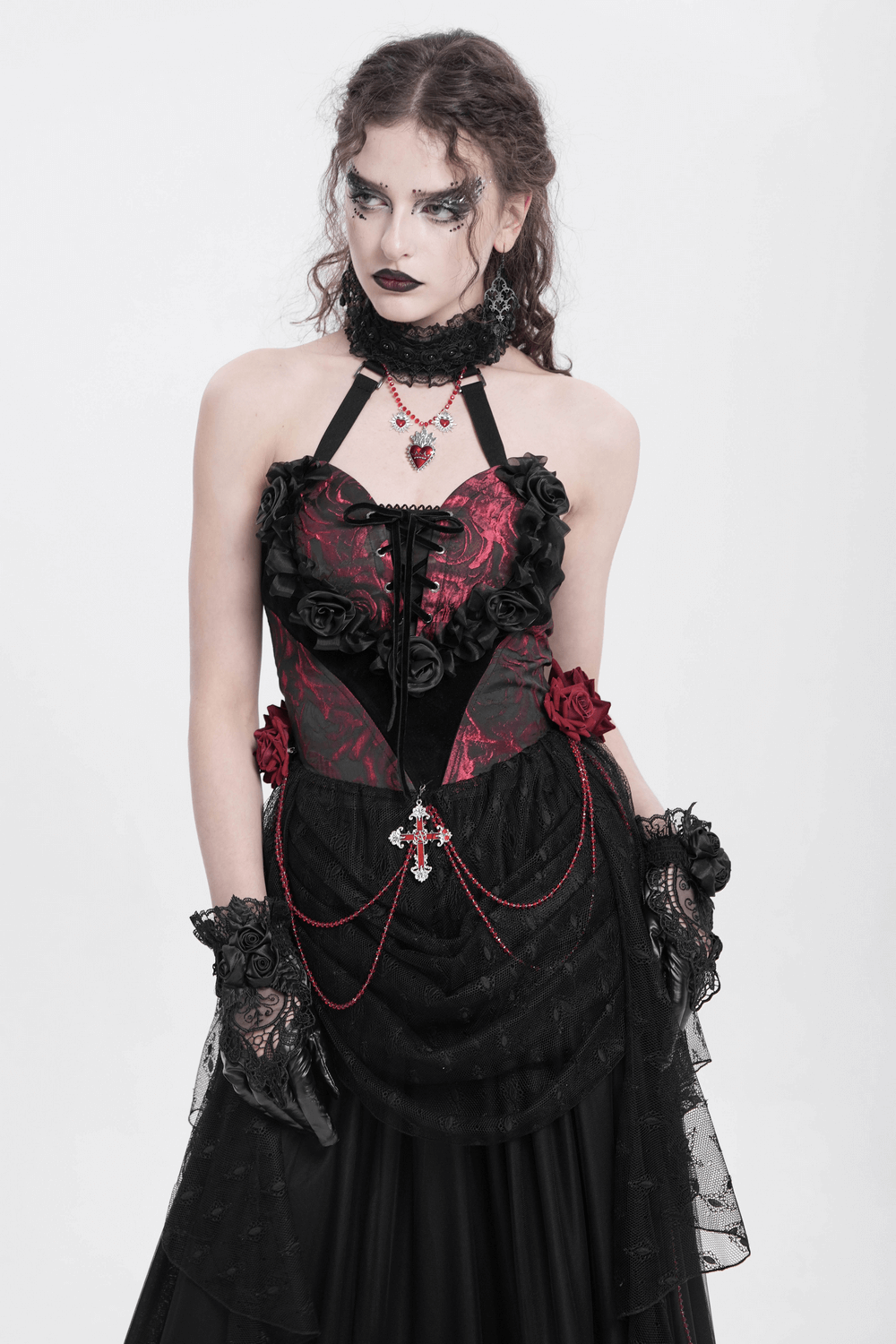 Gothic Lace Halter Top with Roses and Chains for Women