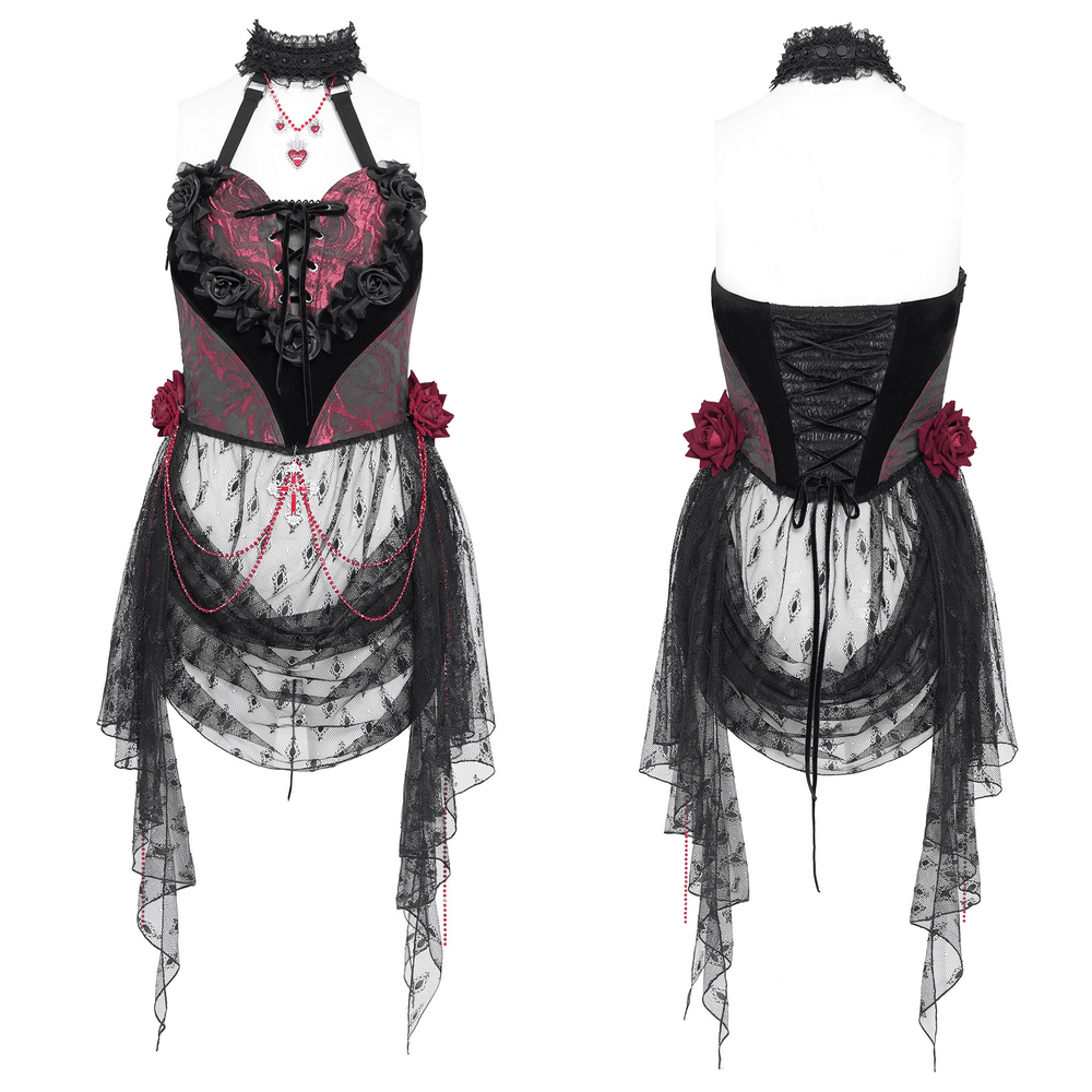 Gothic Lace Halter Top with Roses and Chains for Women