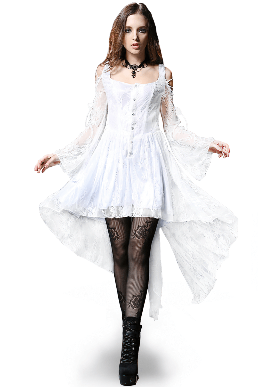 Gothic Lace High-Low Dress with Sheer Sleeves and Buttons