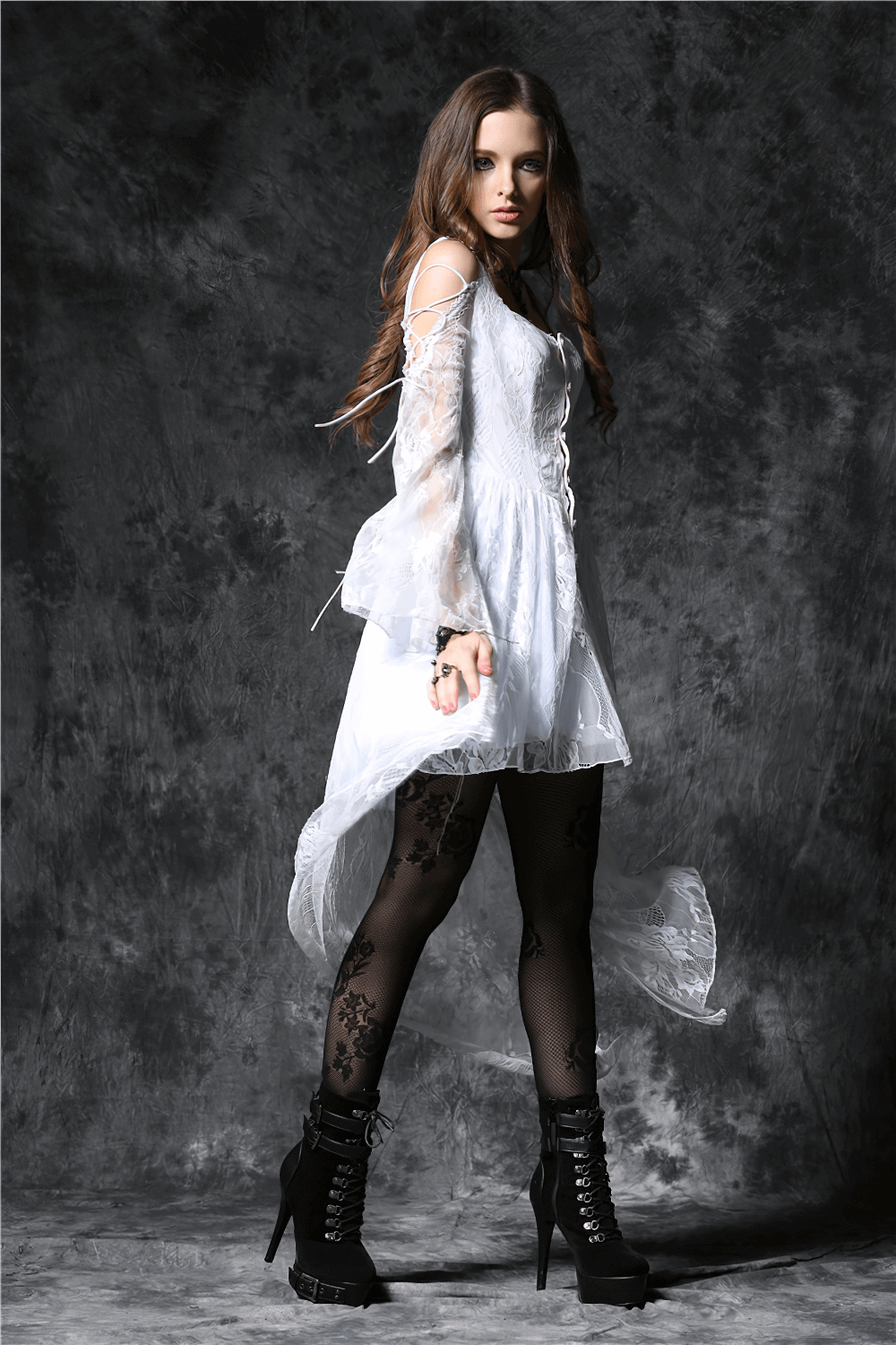 Gothic Lace High-Low Dress with Sheer Sleeves and Buttons