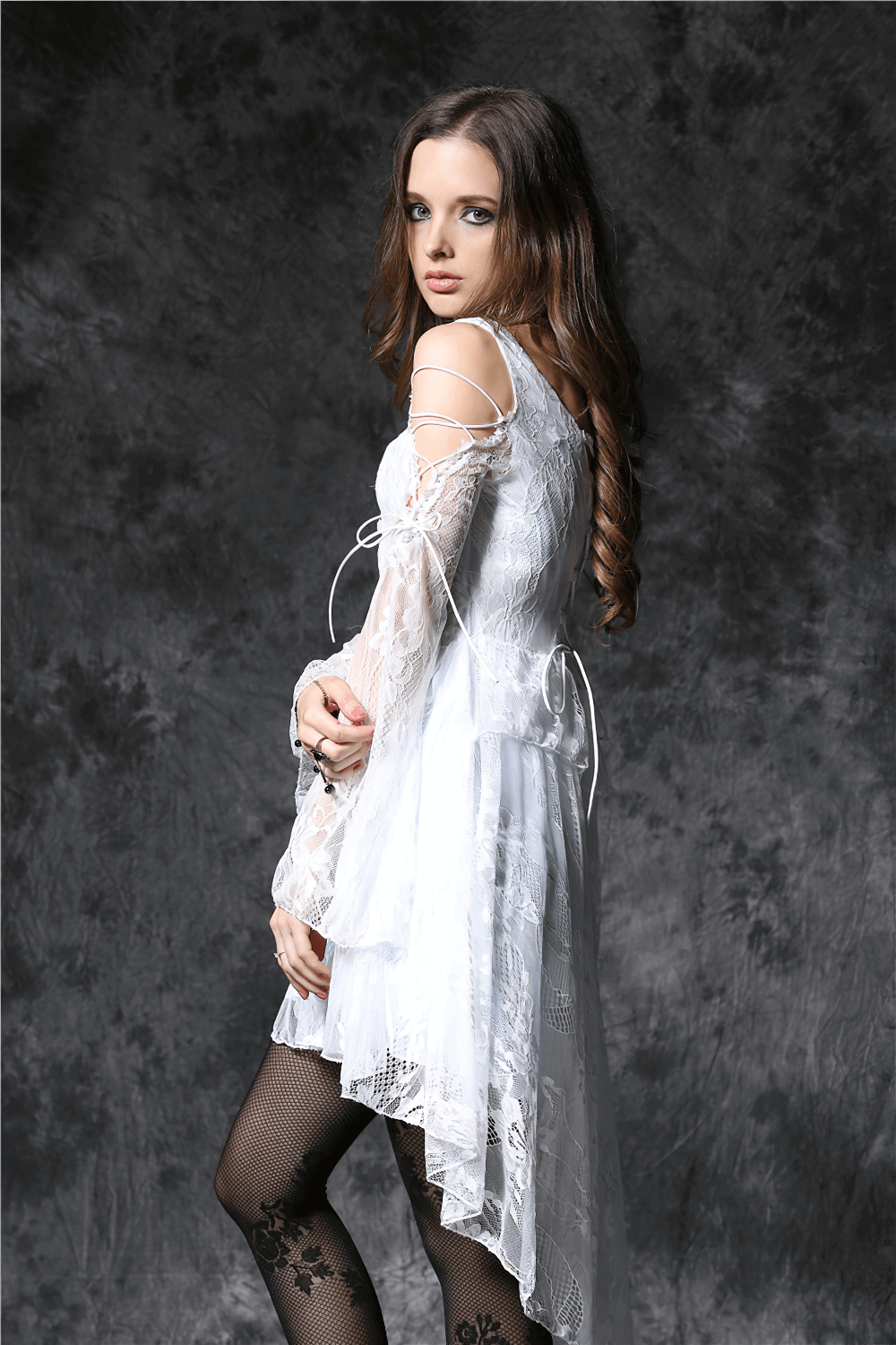 Gothic Lace High-Low Dress with Sheer Sleeves and Buttons