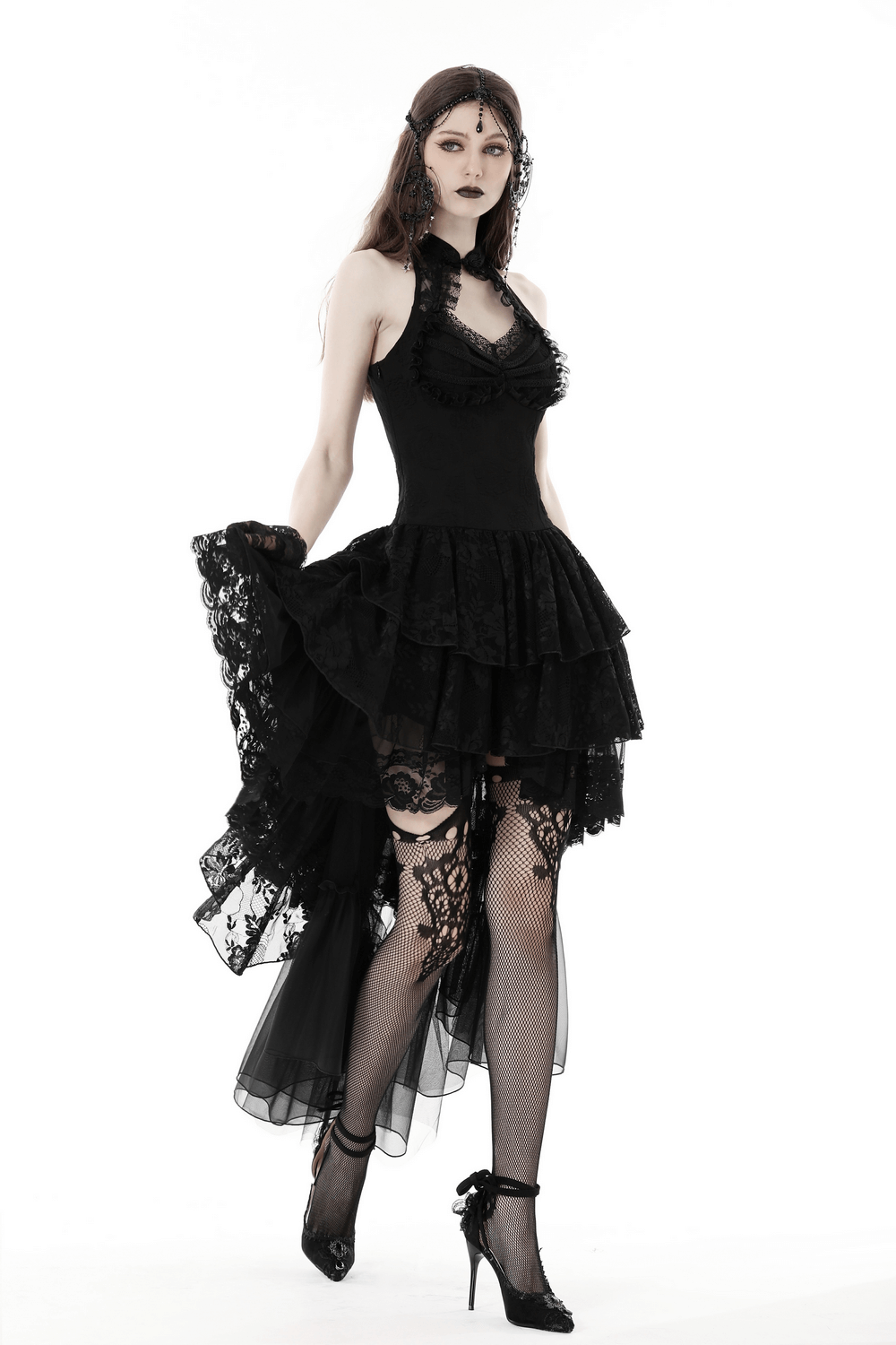 Gothic Lace High-Low Halter Dress with Tiere Skirt