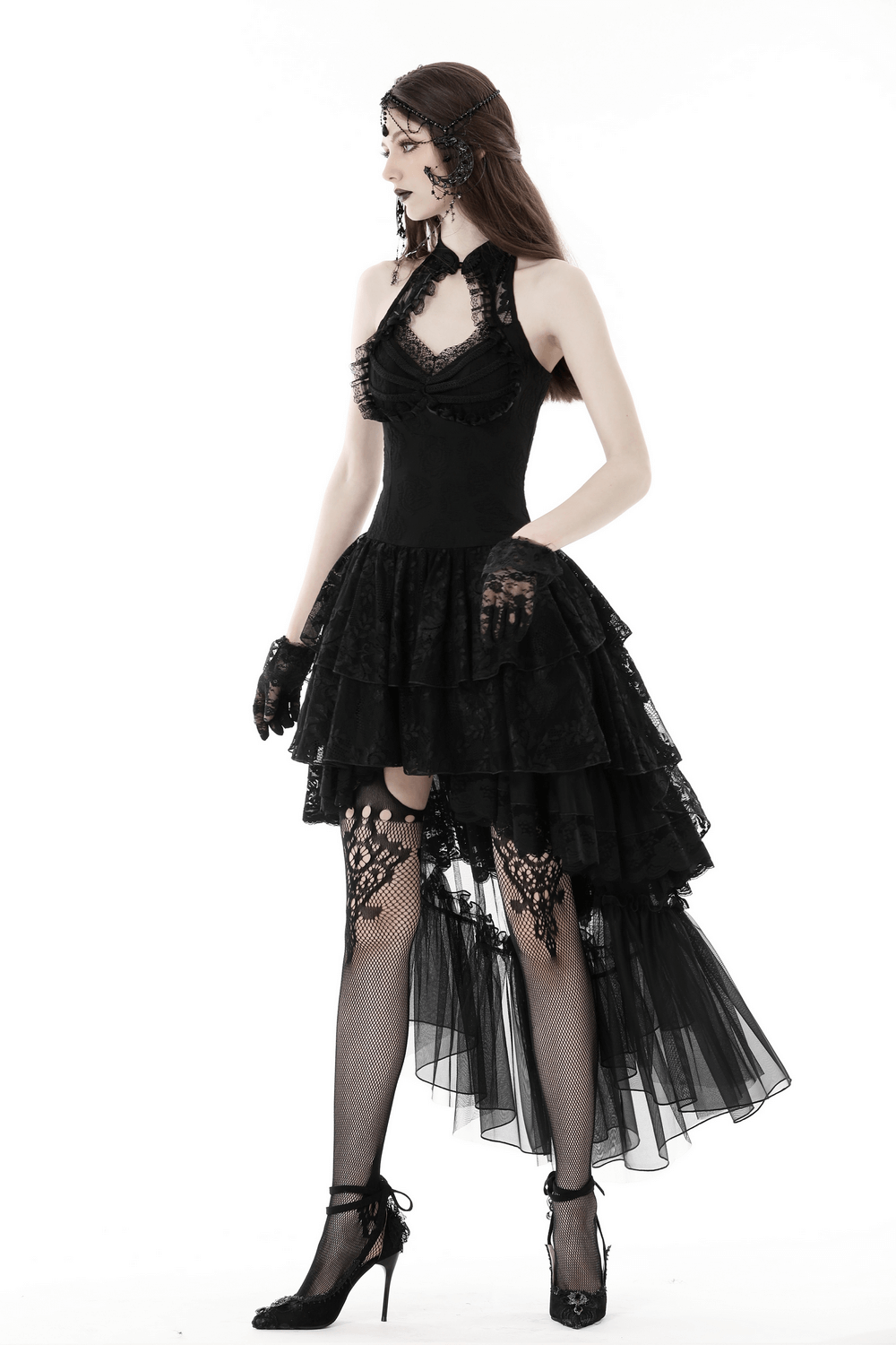 Gothic Lace High-Low Halter Dress with Tiere Skirt
