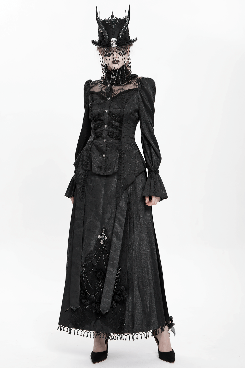 Gothic Lace High Neck Blouse with Heart Buttons
