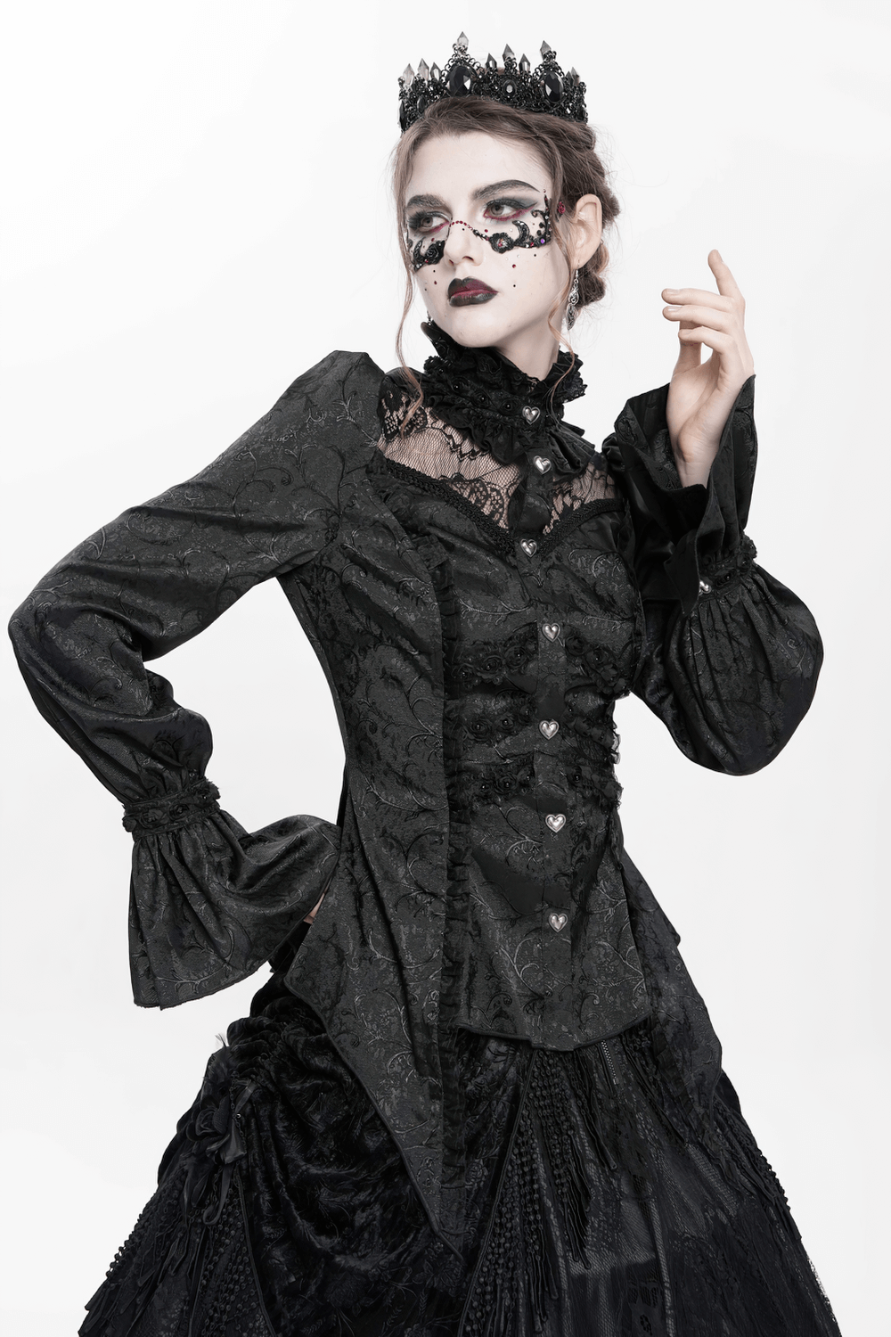 Gothic Lace High Neck Blouse with Heart Buttons