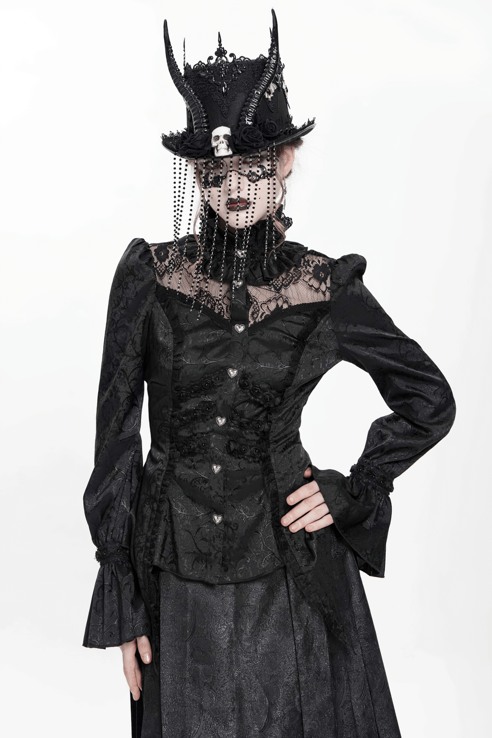 Gothic Lace High Neck Blouse with Heart Buttons