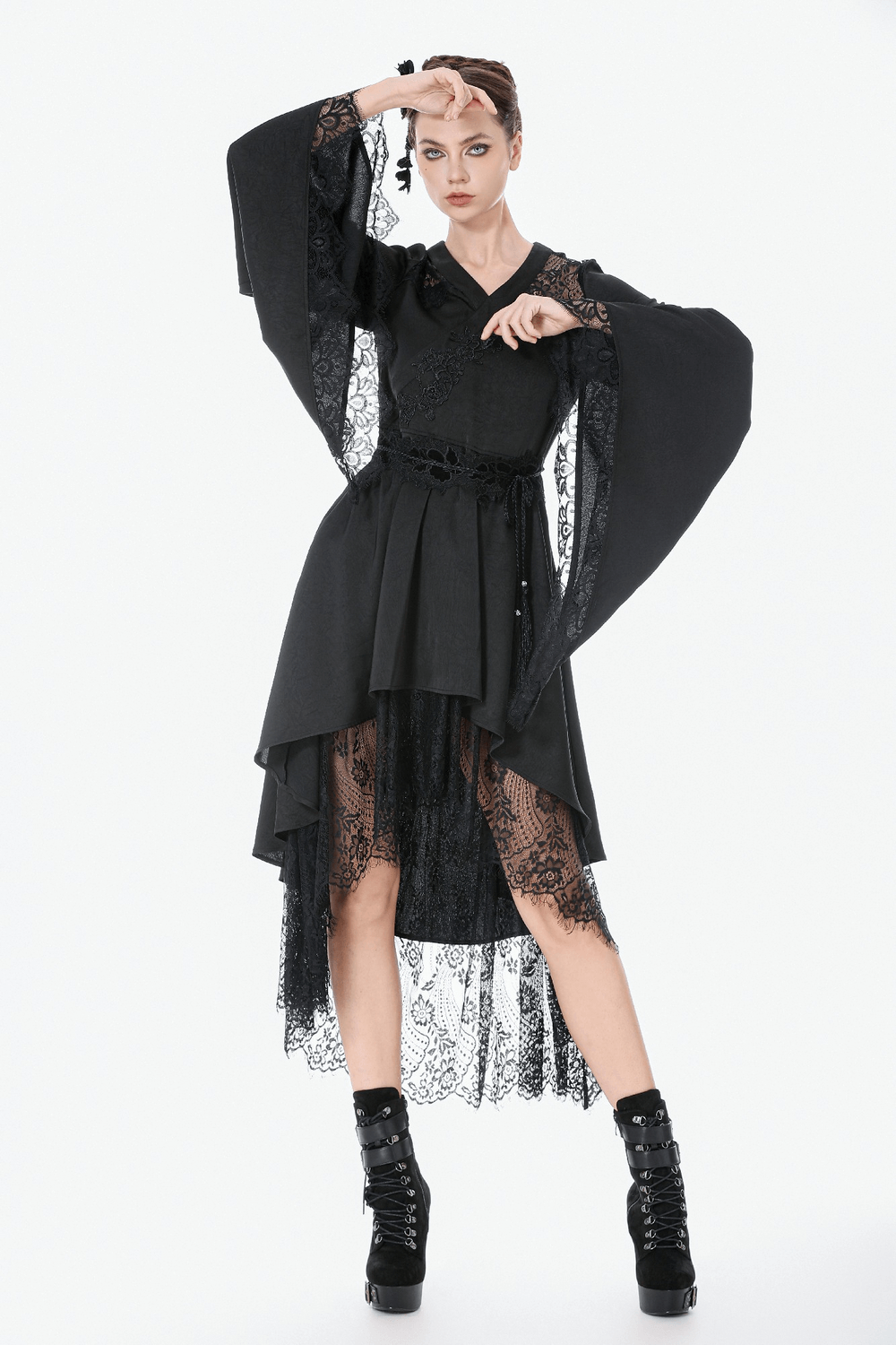 Gothic Lace Kimono Sleeved High Low Midi Dress