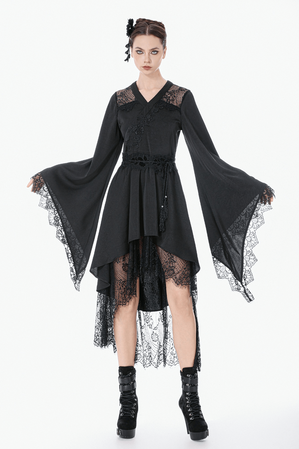 Gothic Lace Kimono Sleeved High Low Midi Dress
