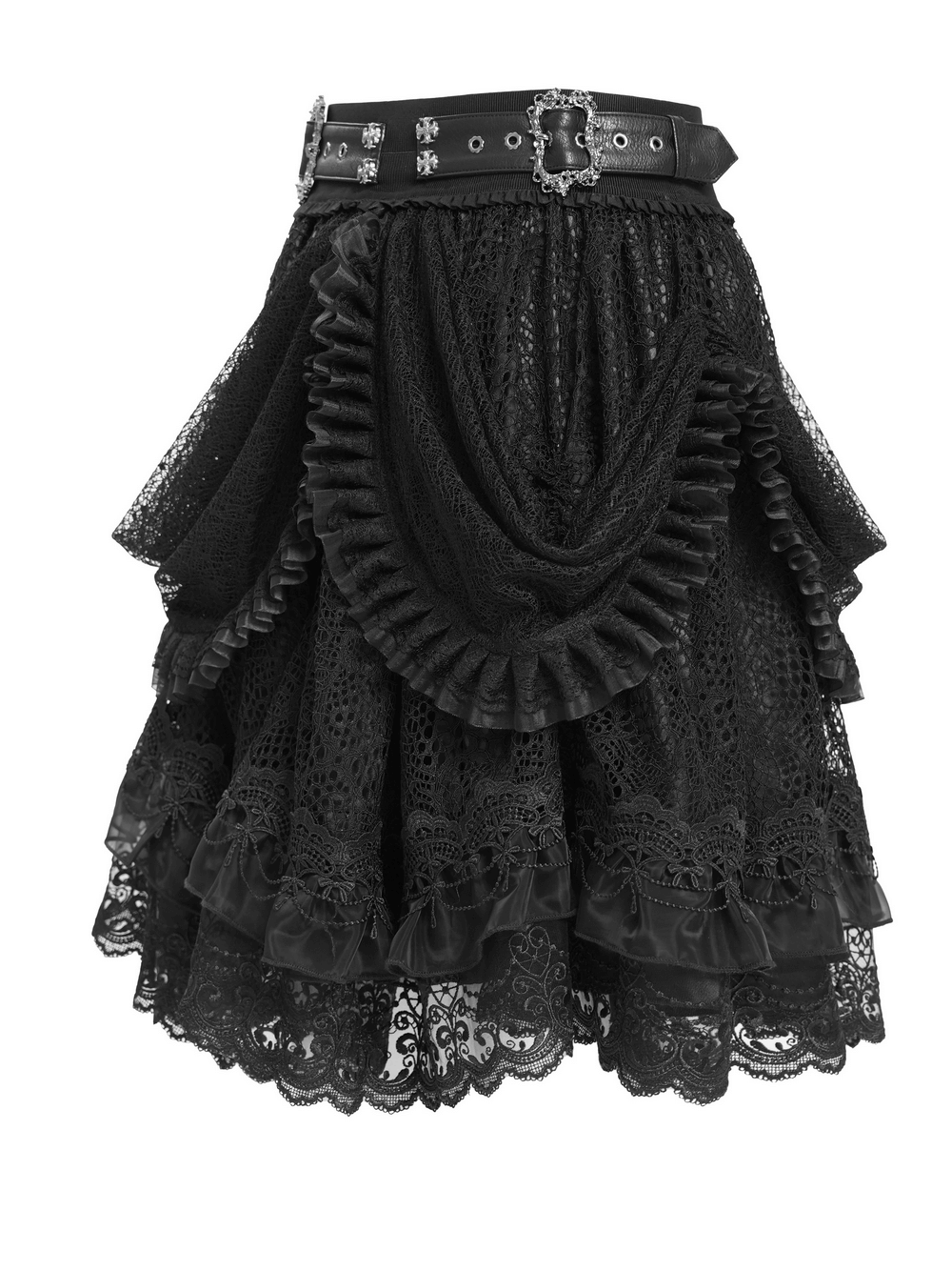 Gothic Lace Layered Skirt with Belts and Ruffled Drapes