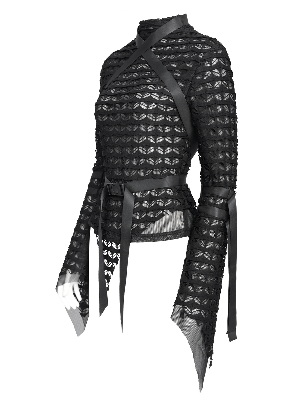 Gothic Lace Sheer Top with Straps and Long Flared Sleeves