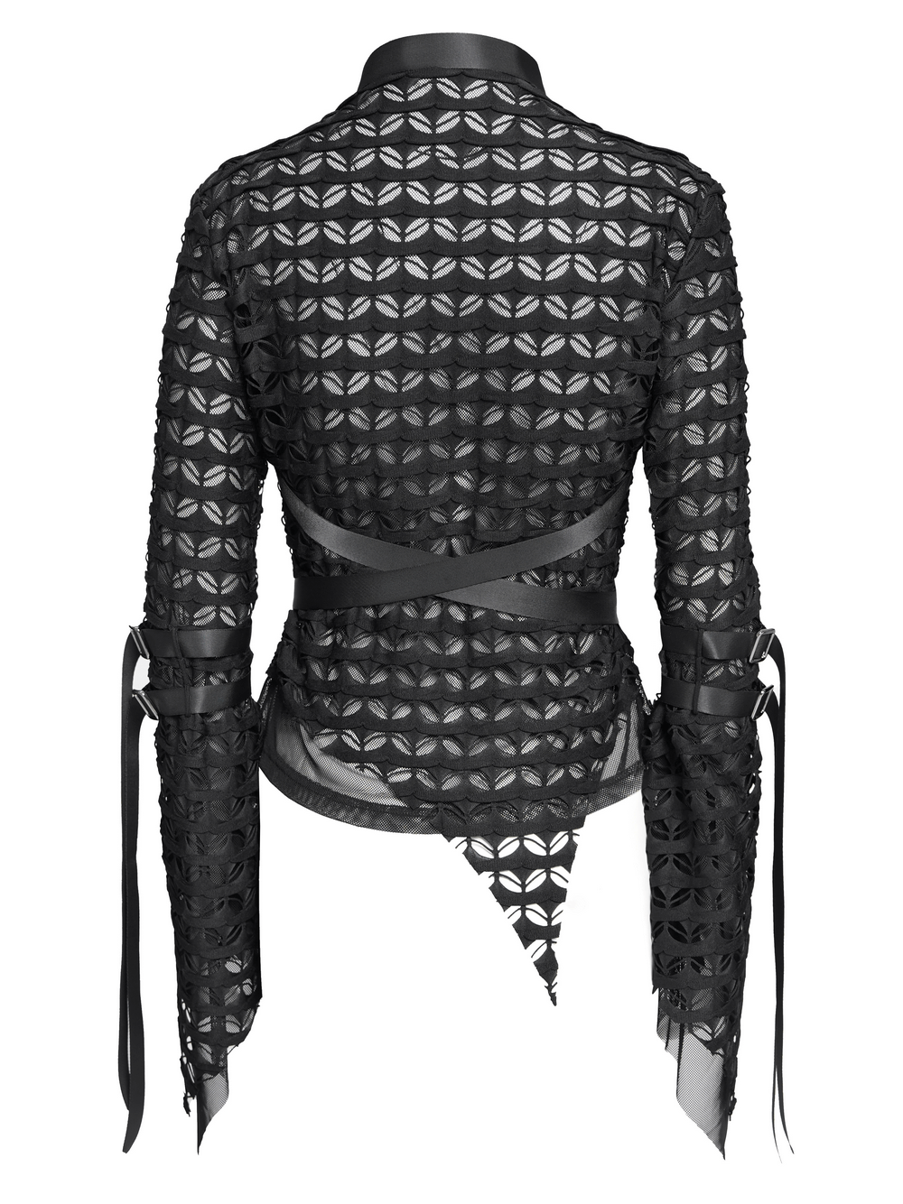 Gothic Lace Sheer Top with Straps and Long Flared Sleeves