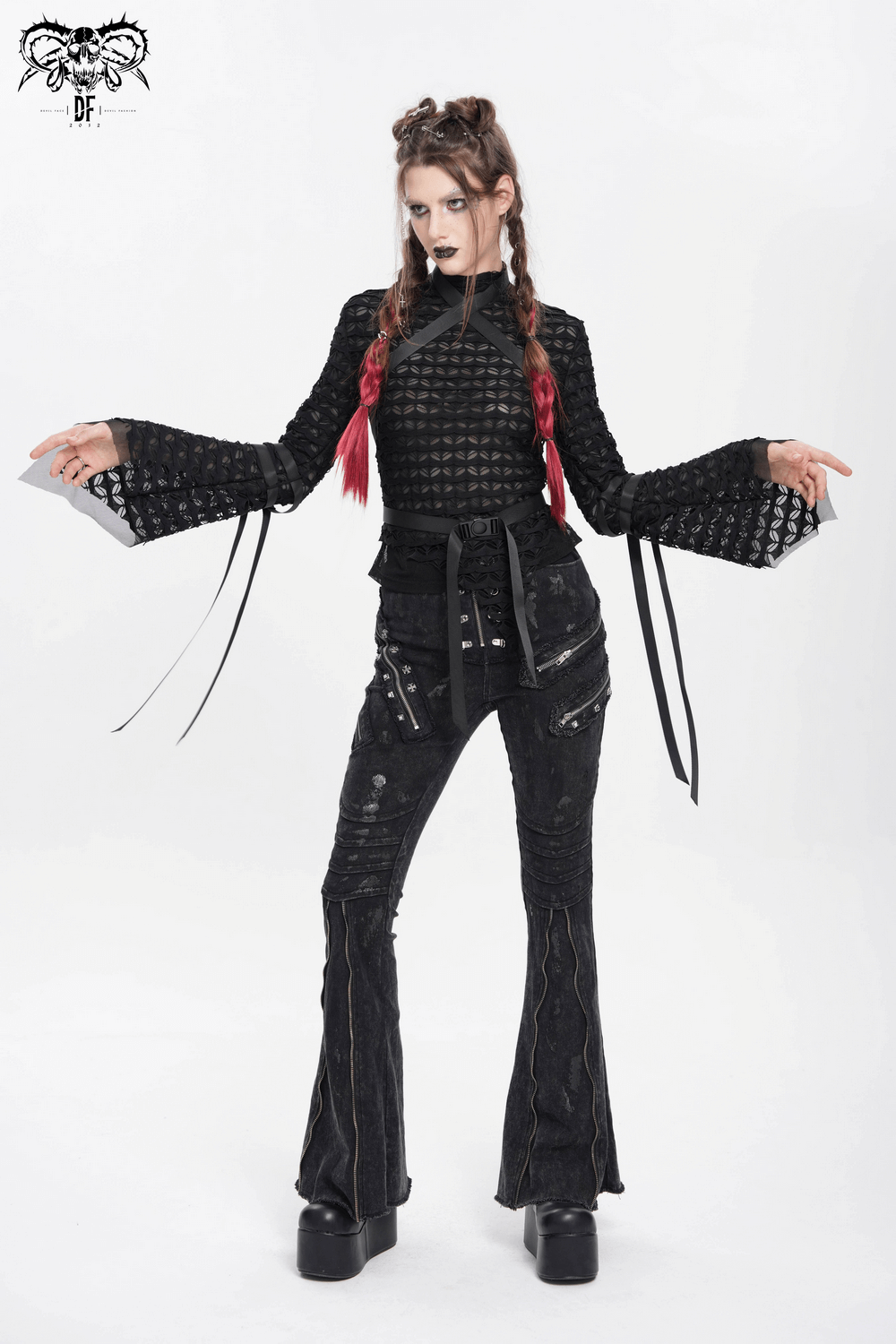 Gothic Lace Sheer Top with Straps and Long Flared Sleeves