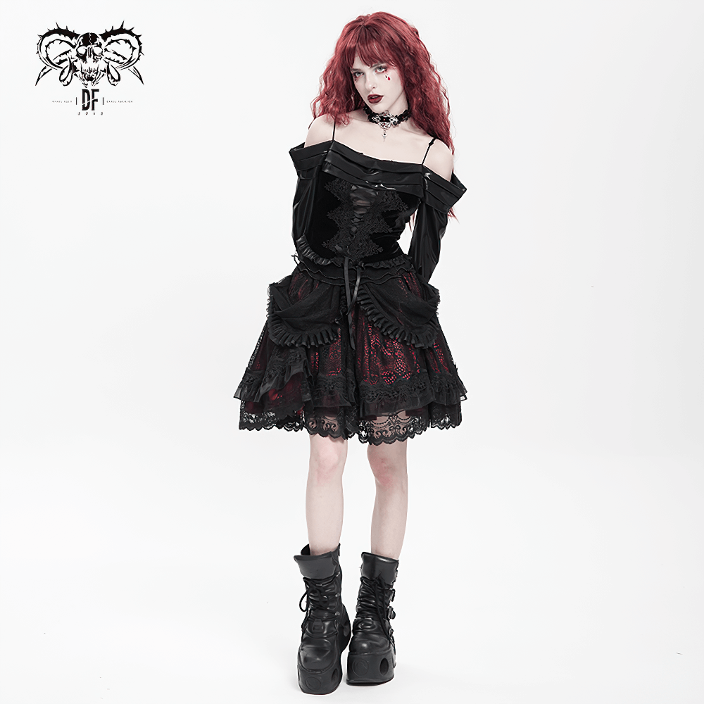 Gothic Lace Skirt with Black Ruffles and Layered Design