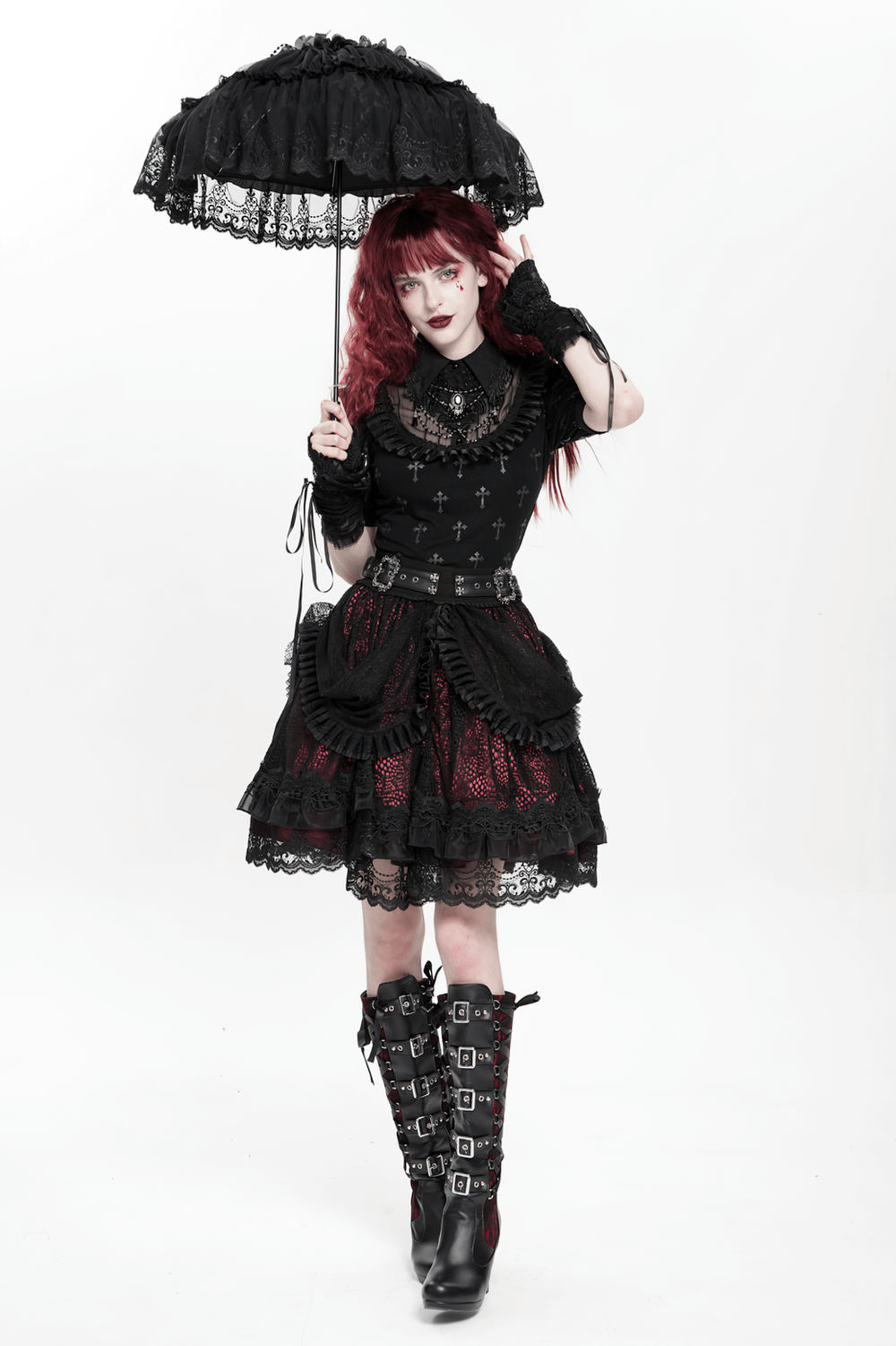 Gothic Lace Skirt with Black Ruffles and Layered Design