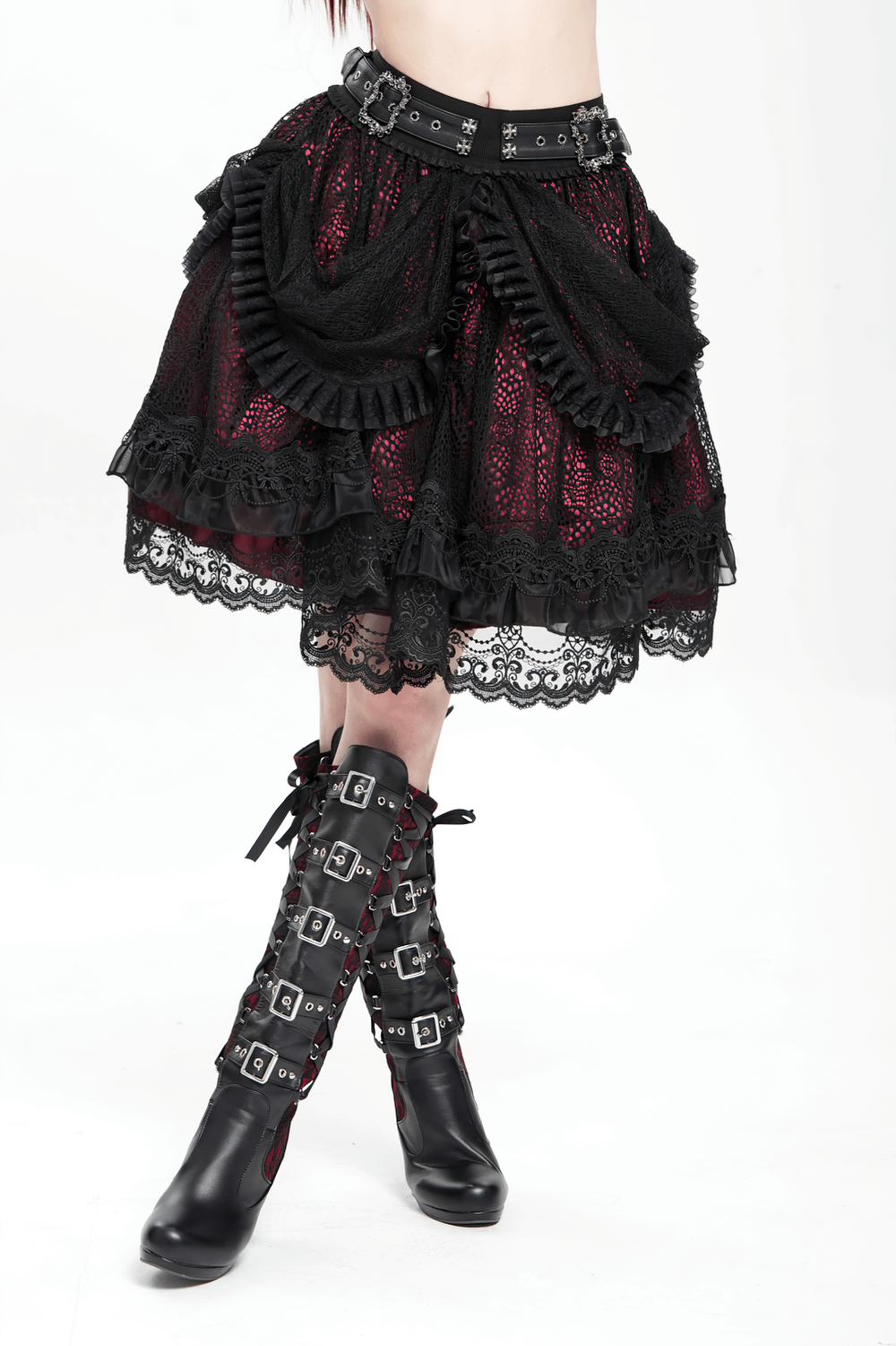 Gothic Lace Skirt with Black Ruffles and Layered Design