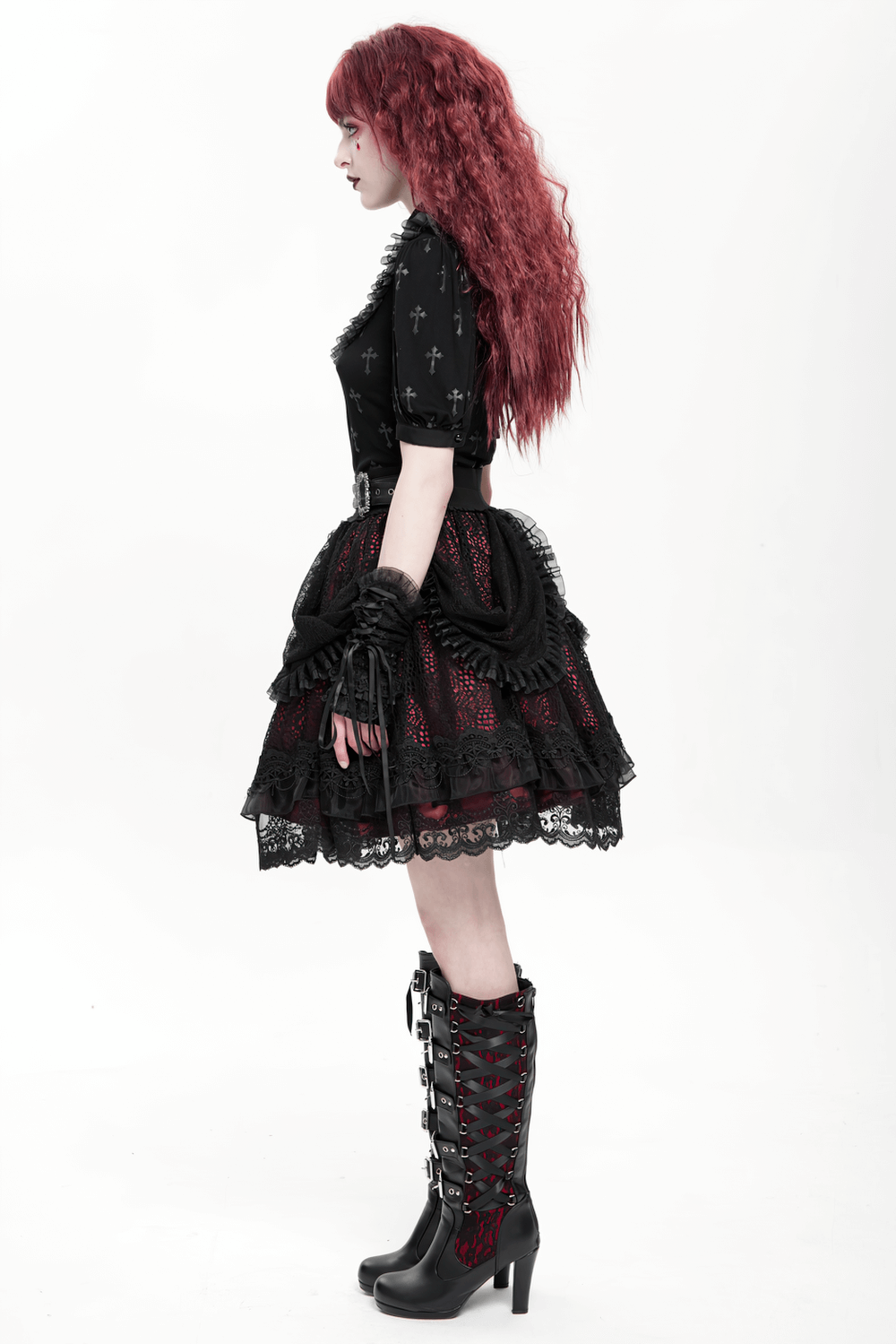 Gothic Lace Skirt with Black Ruffles and Layered Design