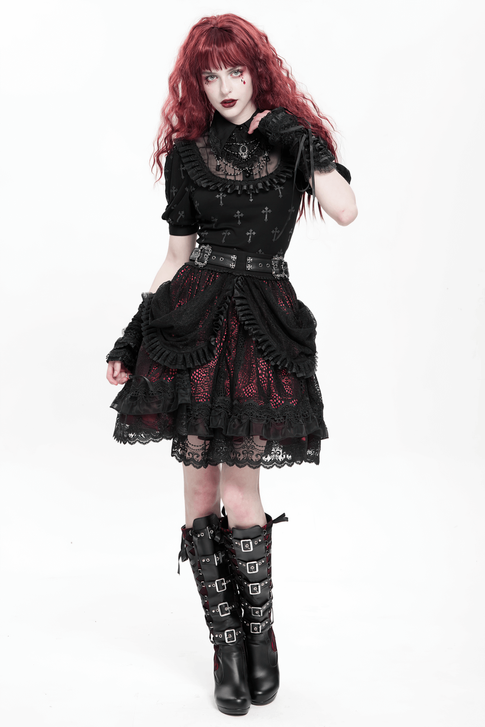Gothic Lace Skirt with Black Ruffles and Layered Design