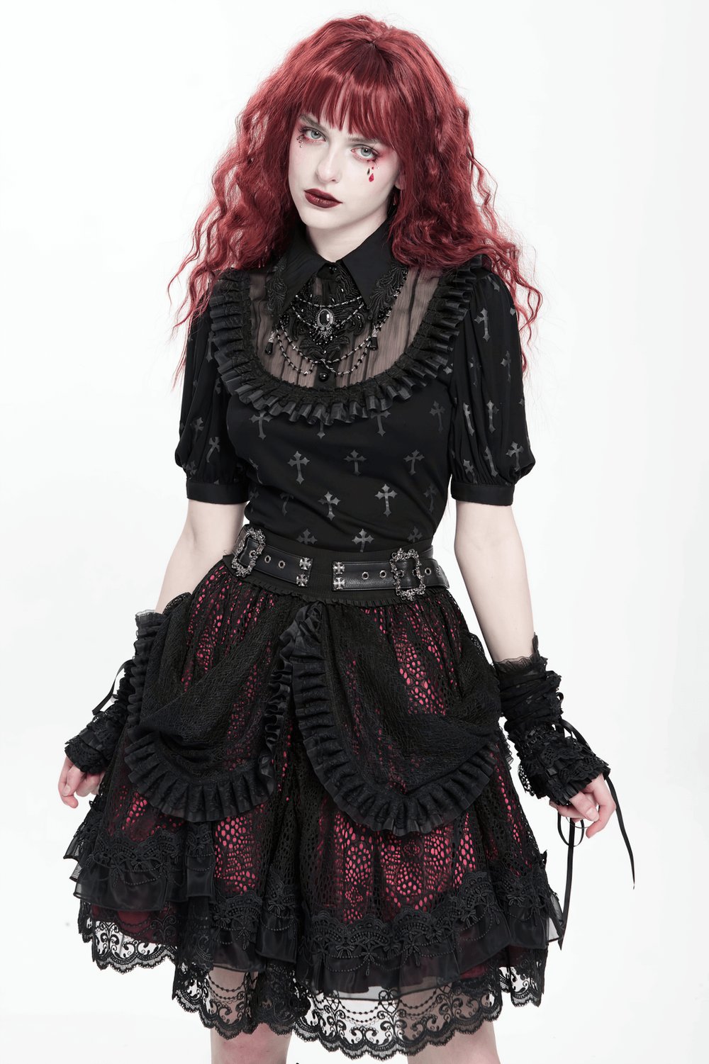 Gothic Lace Skirt with Black Ruffles and Layered Design