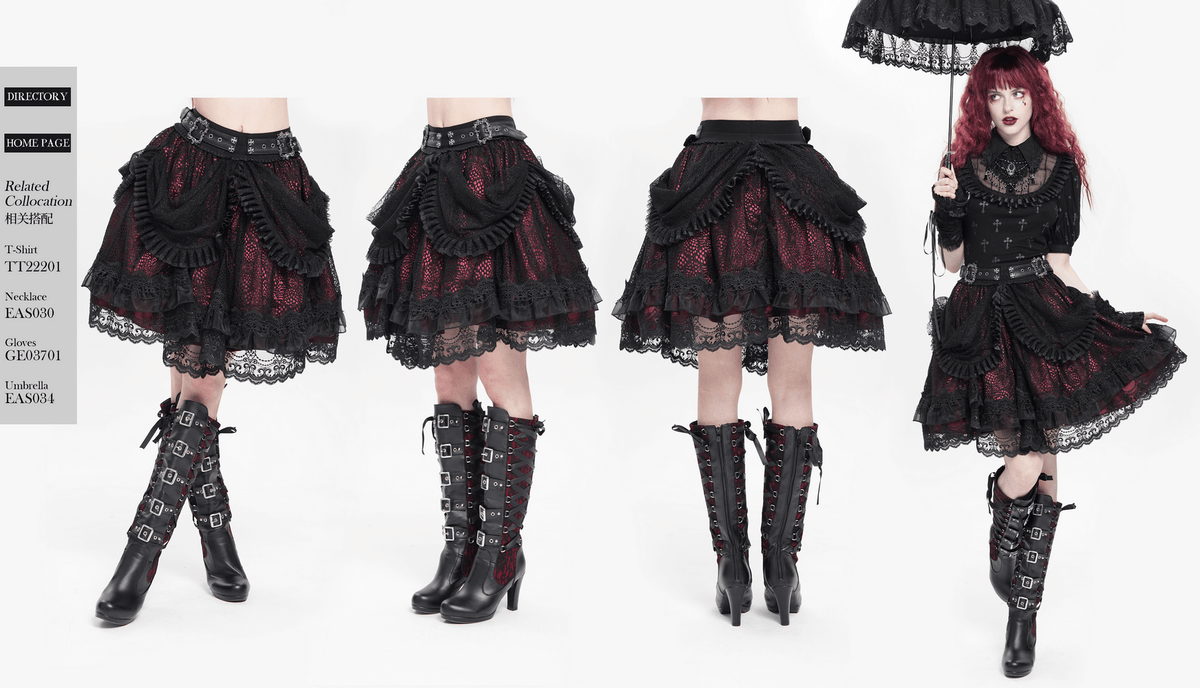 Gothic Lace Skirt with Black Ruffles and Layered Design