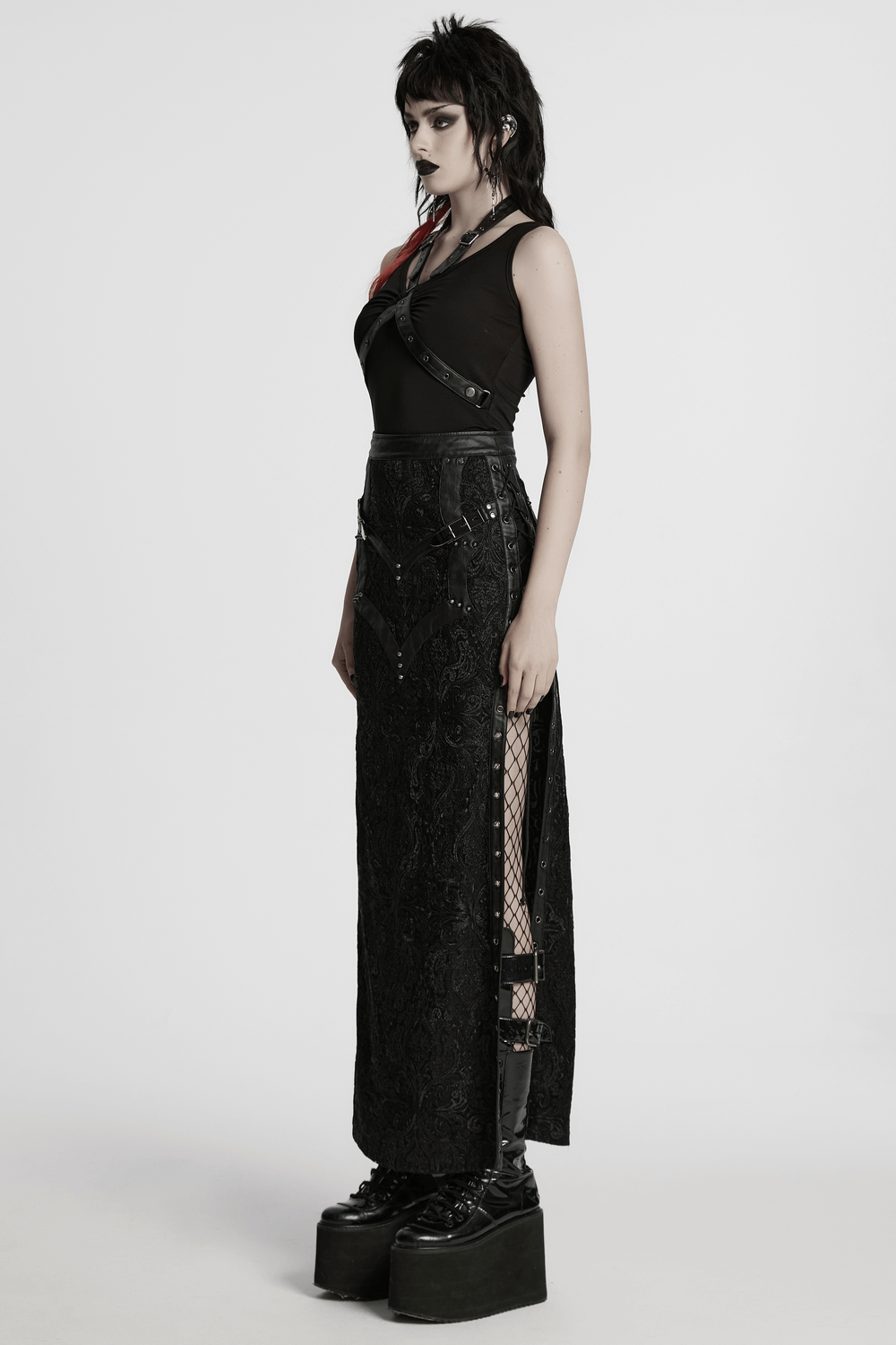 Gothic Lace Skirt with Buckle Detail and Side Slits
