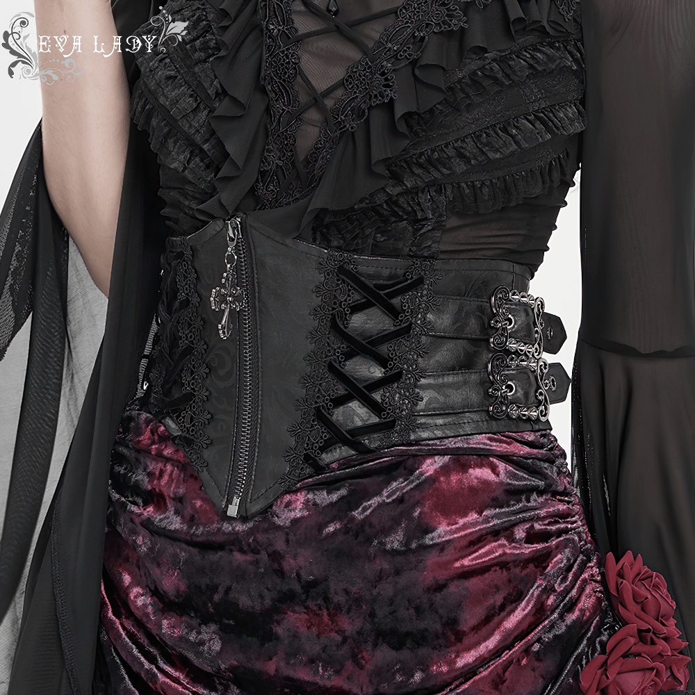 Gothic Lace-Up Black Corset Waist Belt with Cross Details