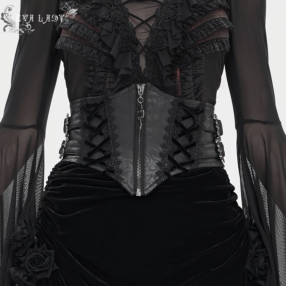 Gothic Lace-Up Black Corset Waist Belt with Cross Details