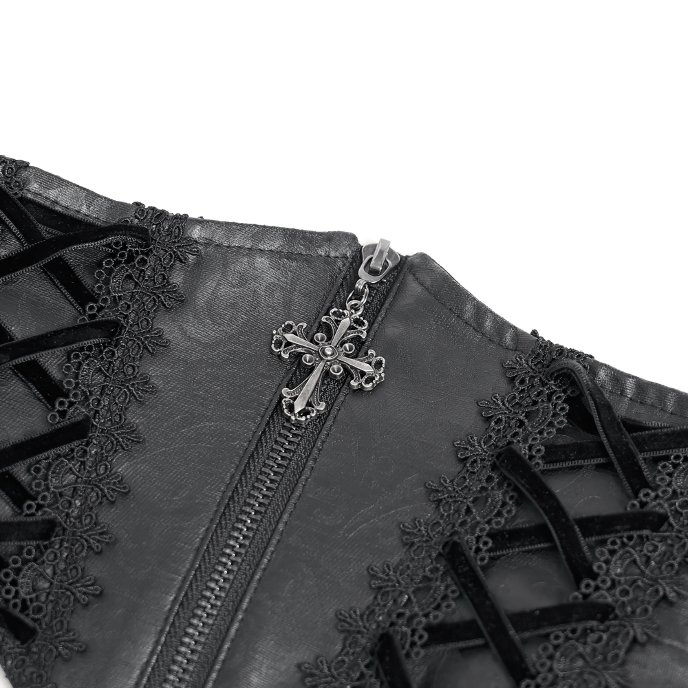 Gothic Lace-Up Black Corset Waist Belt with Cross Details
