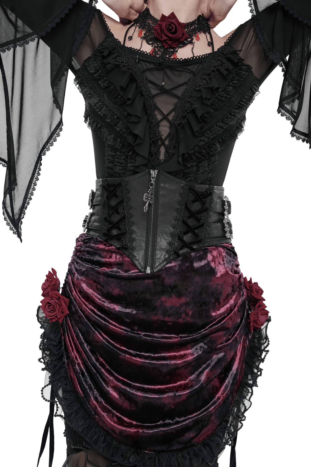 Gothic Lace-Up Black Corset Waist Belt with Cross Details