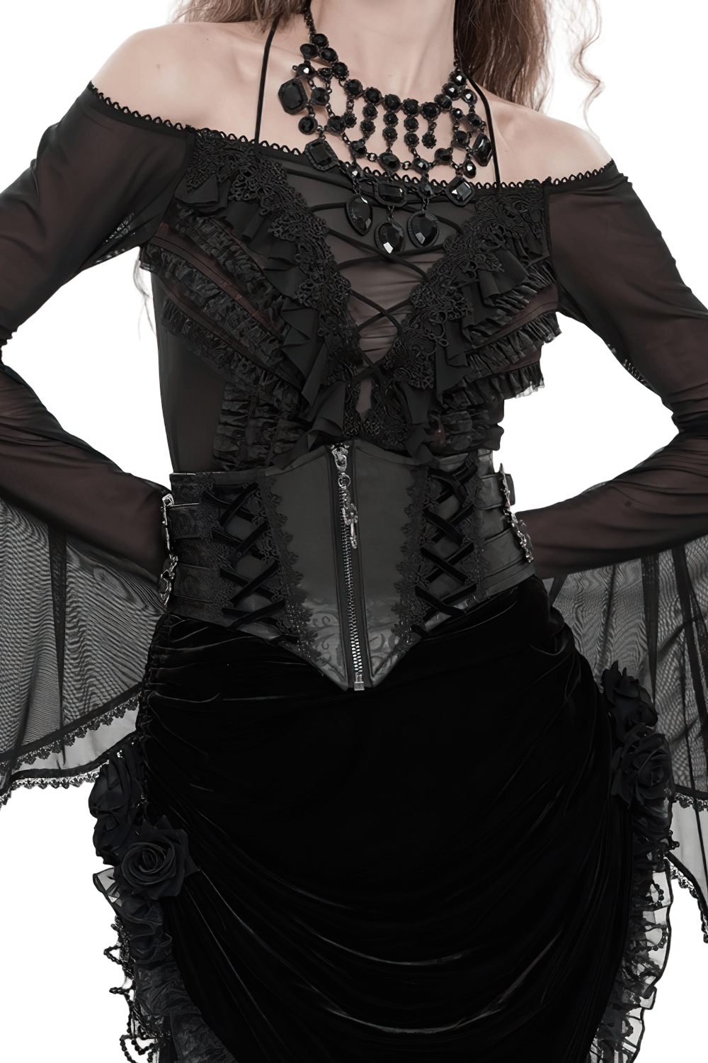 Gothic Lace-Up Black Corset Waist Belt with Cross Details