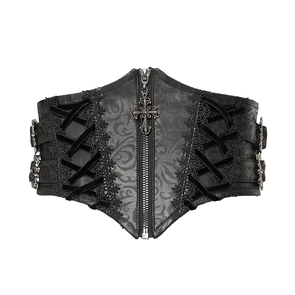 Gothic Lace-Up Black Corset Waist Belt with Cross Details